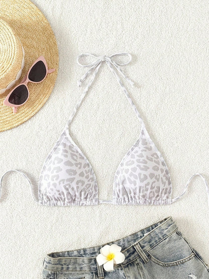 Swim Vcay 2025 Women Leopard Print Halter Bikini Top,White Animal Print Triangle Bathing Suit,Summer Casual Holiday Pool Party Vacation Holiday Beach Swimwear