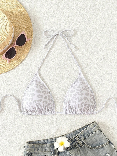 Swim Vcay 2025 Women Leopard Print Halter Bikini Top,White Animal Print Triangle Bathing Suit,Summer Casual Holiday Pool Party Vacation Holiday Beach Swimwear