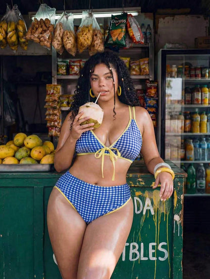 Swim Vcay 2026 New Plus Size Women 2-Piece Geometric Print Bikini Set,Blue Summer 1920s Beach Holiday Vacation Bow Thick Strap High Waist High Leg Triangle