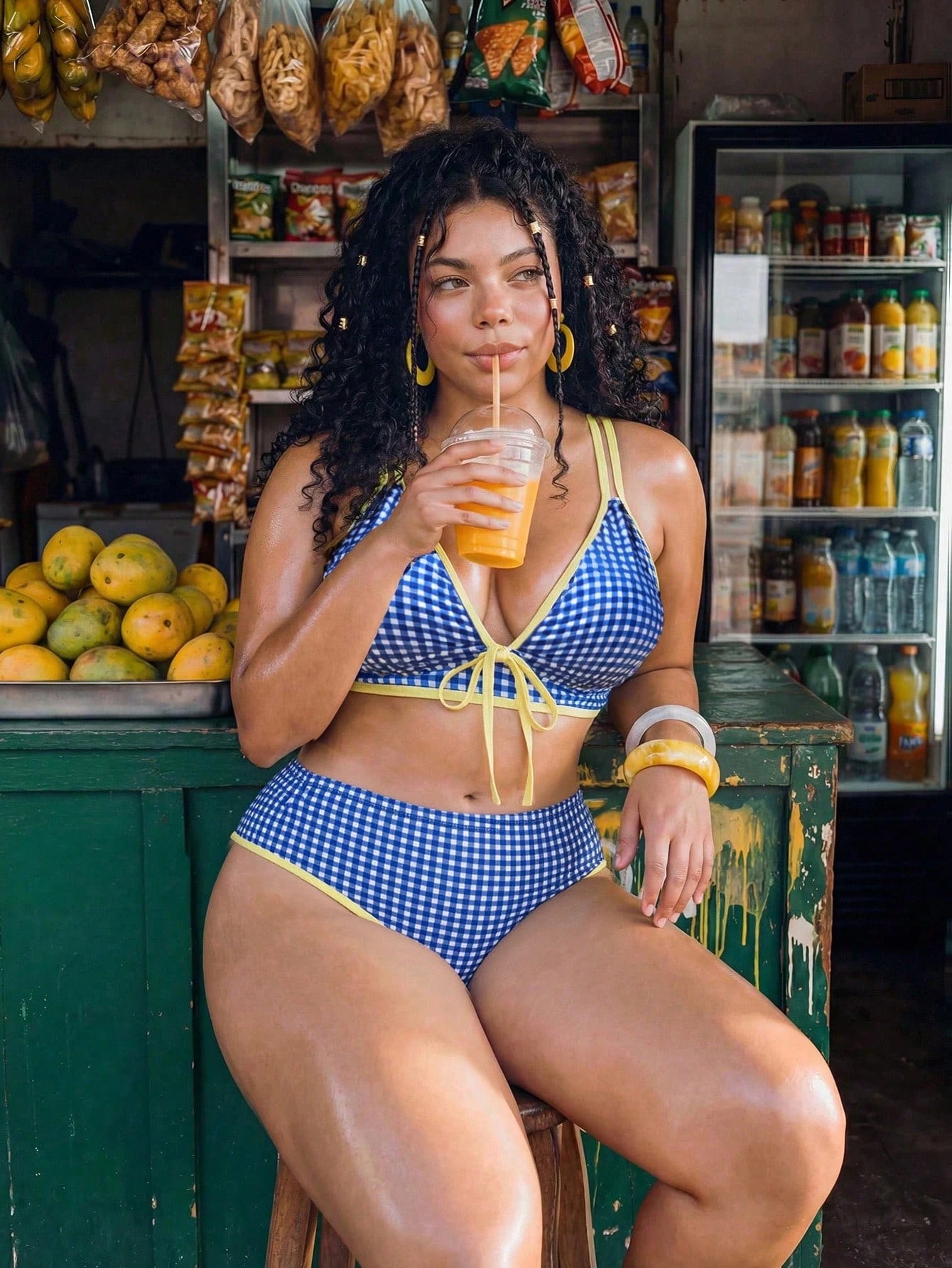 Swim Vcay 2026 New Plus Size Women 2-Piece Geometric Print Bikini Set,Blue Summer 1920s Beach Holiday Vacation Bow Thick Strap High Waist High Leg Triangle