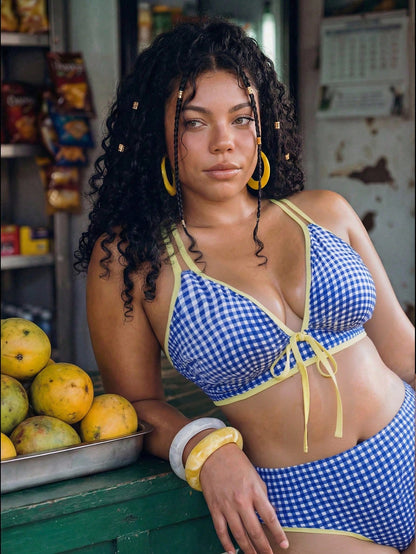 Swim Vcay 2026 New Plus Size Women 2-Piece Geometric Print Bikini Set,Blue Summer 1920s Beach Holiday Vacation Bow Thick Strap High Waist High Leg Triangle