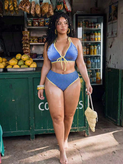 Swim Vcay 2026 New Plus Size Women 2-Piece Geometric Print Bikini Set,Blue Summer 1920s Beach Holiday Vacation Bow Thick Strap High Waist High Leg Triangle