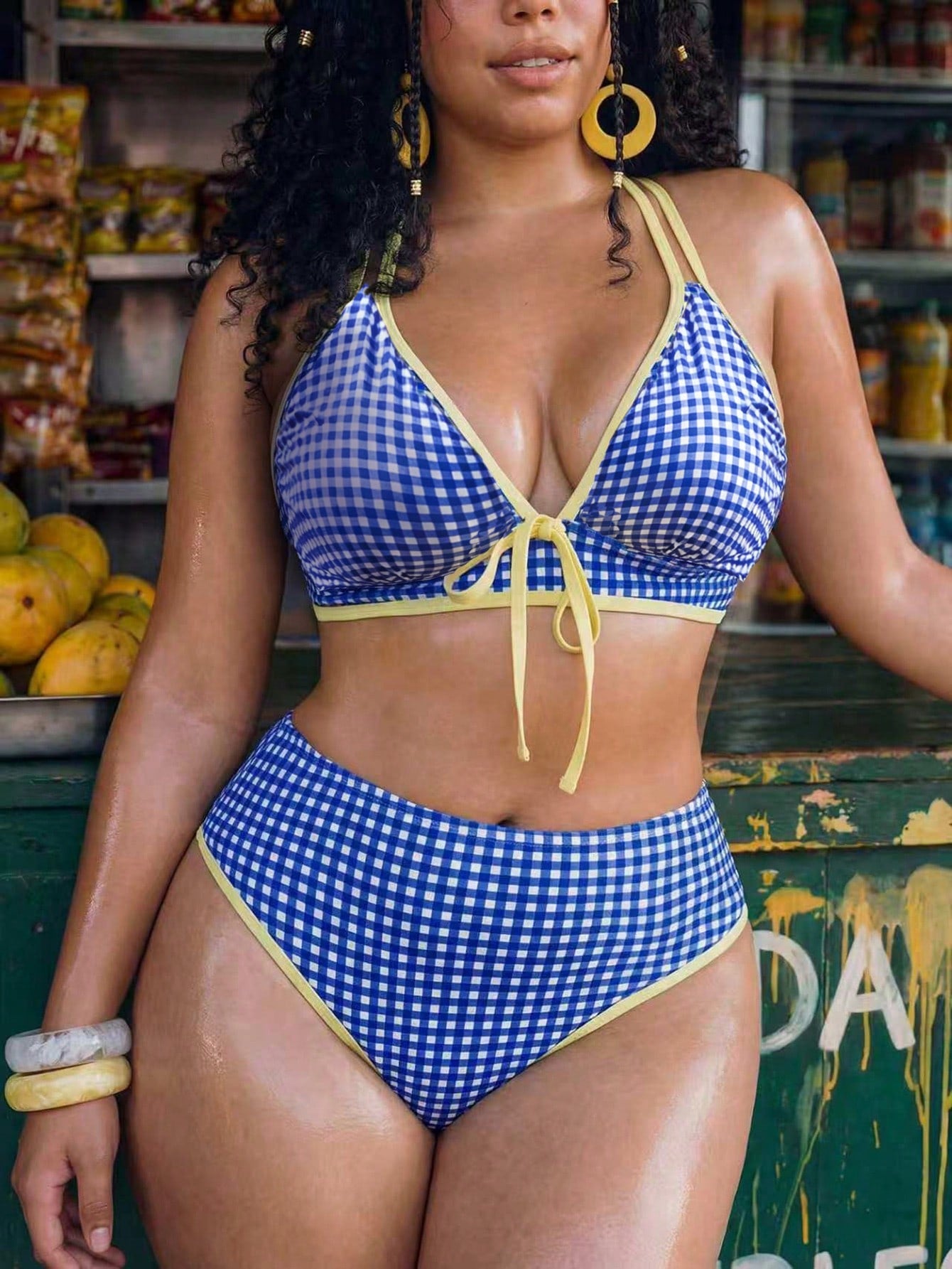 Swim Vcay 2026 New Plus Size Women 2-Piece Geometric Print Bikini Set,Blue Summer 1920s Beach Holiday Vacation Bow Thick Strap High Waist High Leg Triangle