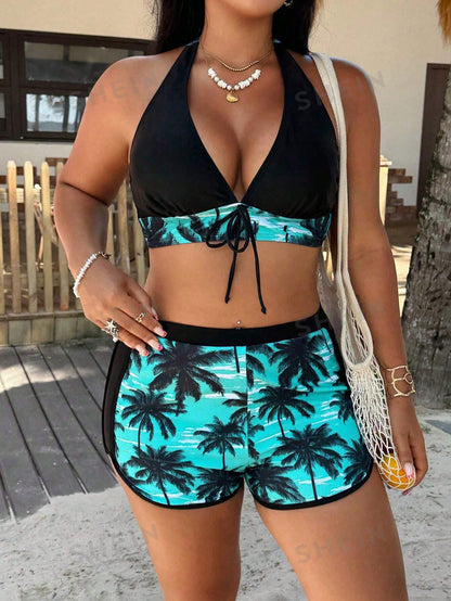 Swim Vcay 2026 New Spring Summer Plus Size Women's Tropical Coconut Tree Print Deep V-Neck Sexy Top With Hipster Bikini Bottoms Casual Vacation Style Beach Pool One-Piece Swimsuit