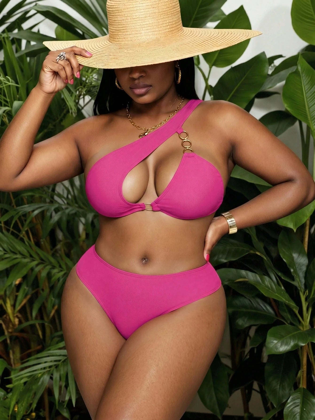 Swim Vcay 2026 New Summer Vacation Maroon Asymmetric Design Metal Party Beach Plus Size Women's Bikini Set Sexy