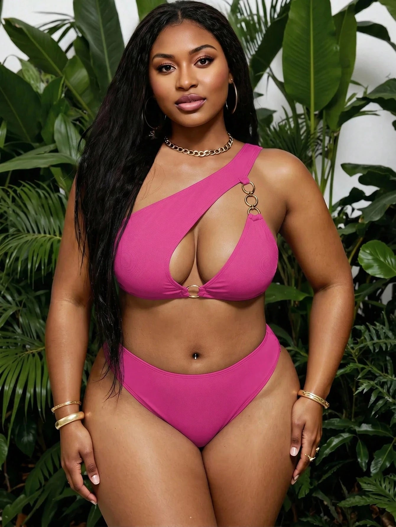 Swim Vcay 2026 New Summer Vacation Maroon Asymmetric Design Metal Party Beach Plus Size Women's Bikini Set Sexy