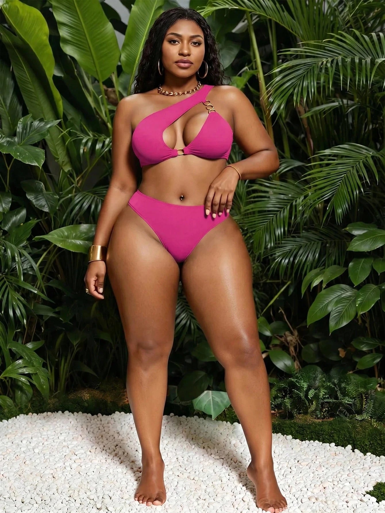 Swim Vcay 2026 New Summer Vacation Maroon Asymmetric Design Metal Party Beach Plus Size Women's Bikini Set Sexy