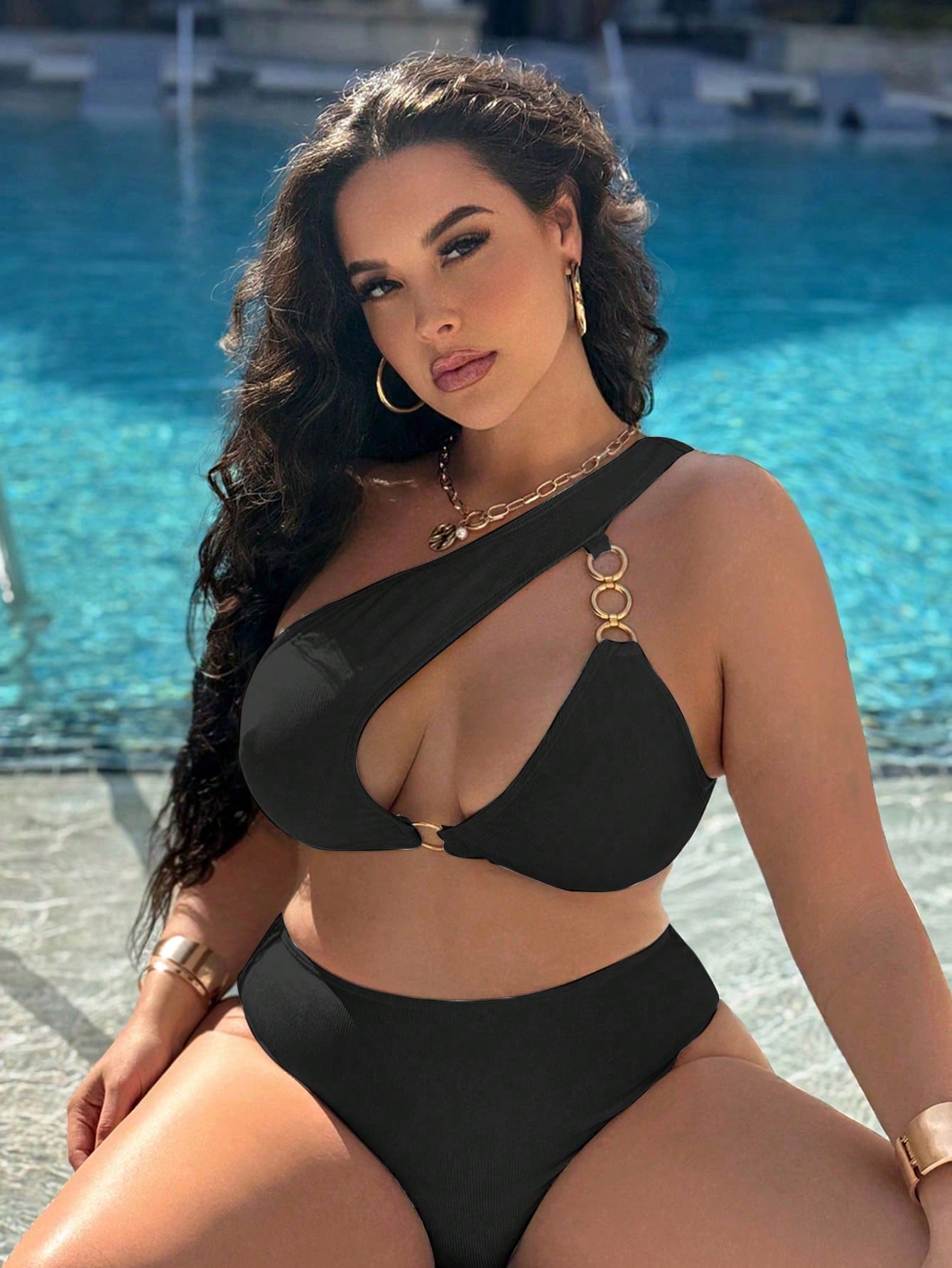 Swim Vcay 2026 New Summer Vacation Maroon Asymmetric Design Metal Party Beach Plus Size Women's Bikini Set Sexy