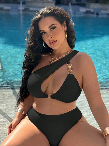 Swim Vcay 2026 New Summer Vacation Maroon Asymmetric Design Metal Party Beach Plus Size Women's Bikini Set Sexy
