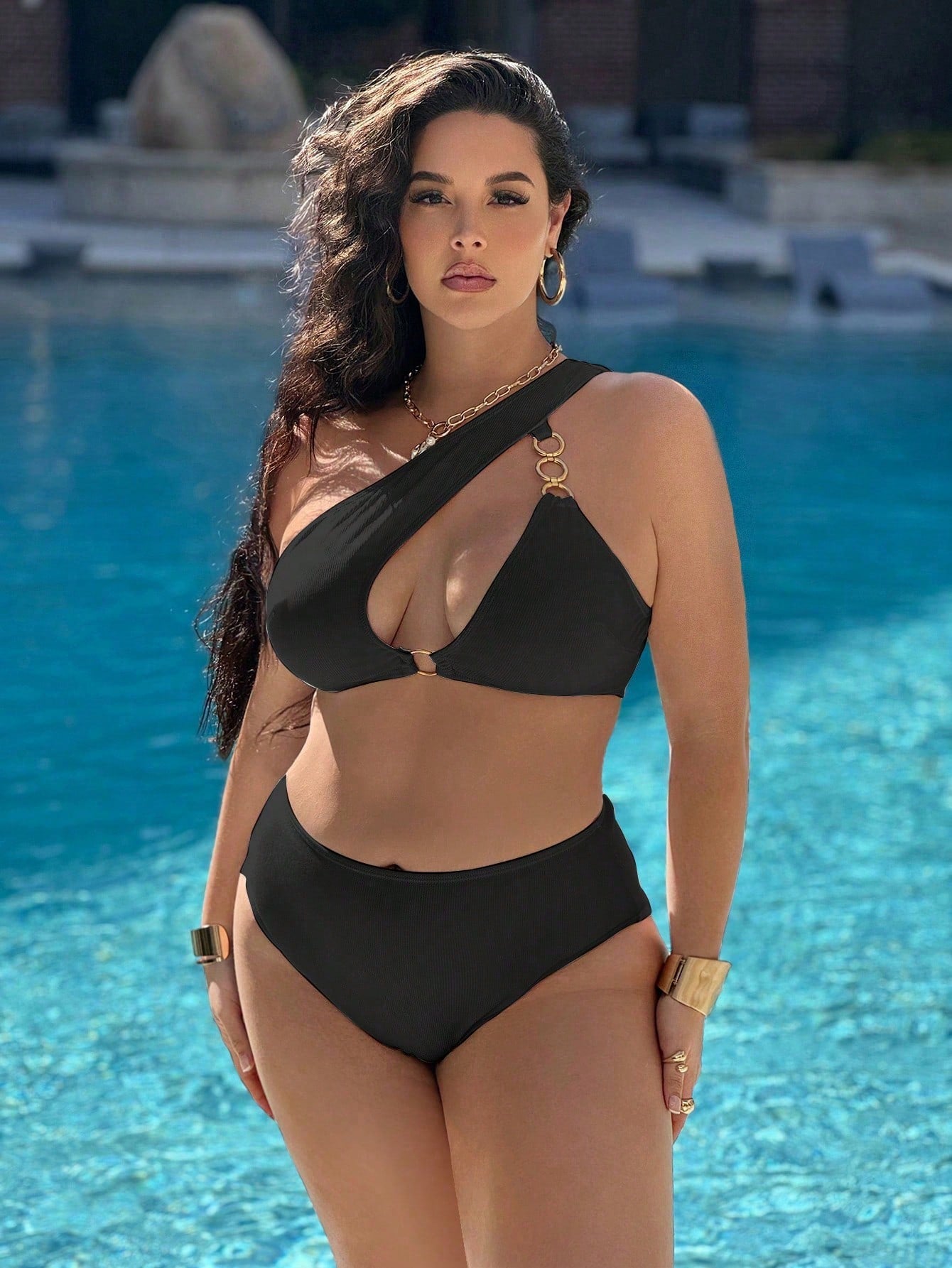 Swim Vcay 2026 New Summer Vacation Maroon Asymmetric Design Metal Party Beach Plus Size Women's Bikini Set Sexy