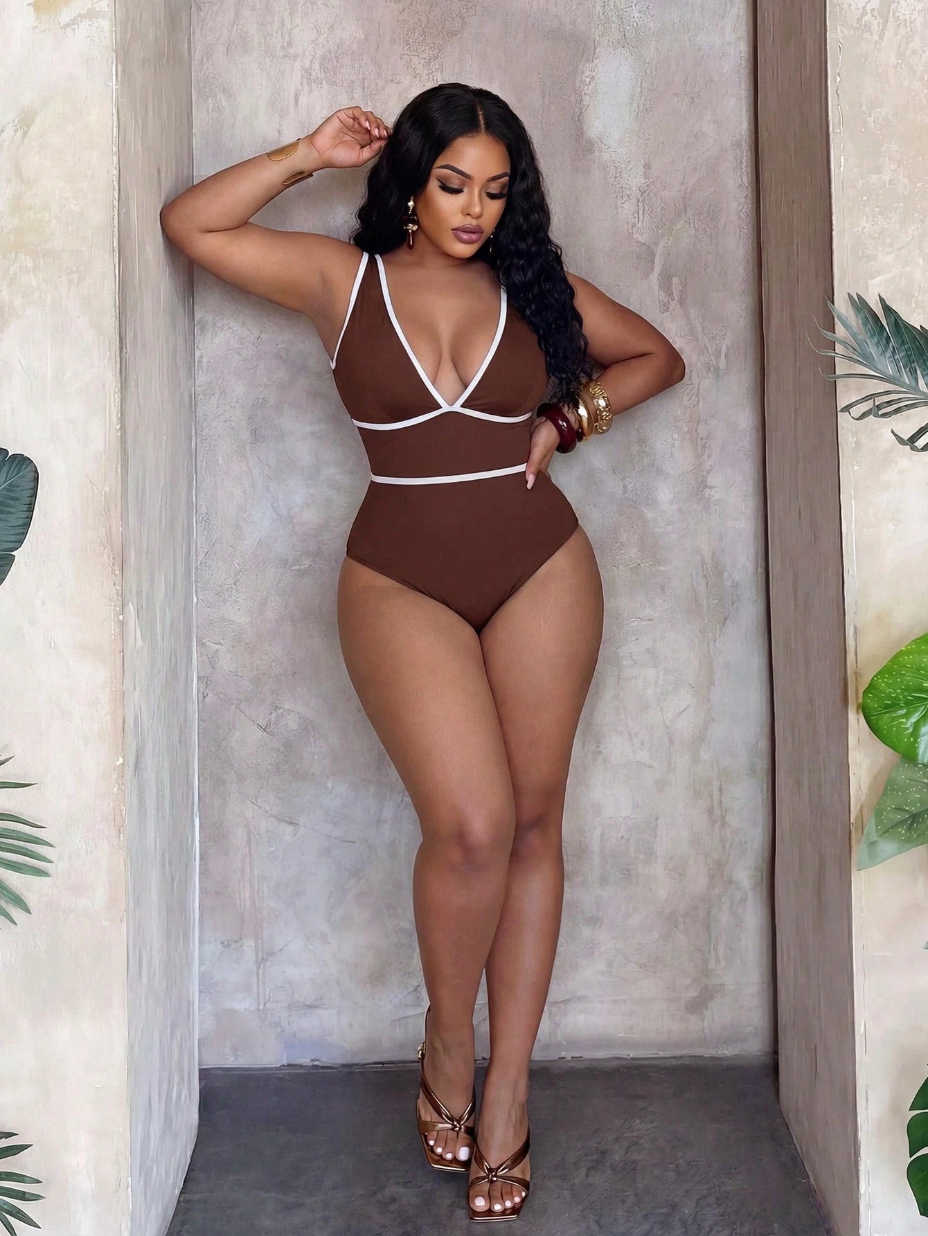 Swim Vcay 2026 Spring/Summer Plus Size One-Piece Swimsuit, Shiny Fabric, Deep V-Neck, Contrast Trim, Waist Contrast Stripe, Sexy Beach Vacation Swimwear