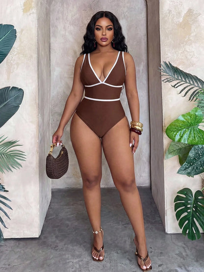 Swim Vcay 2026 Spring/Summer Plus Size One-Piece Swimsuit, Shiny Fabric, Deep V-Neck, Contrast Trim, Waist Contrast Stripe, Sexy Beach Vacation Swimwear