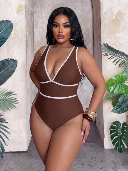 Swim Vcay 2026 Spring/Summer Plus Size One-Piece Swimsuit, Shiny Fabric, Deep V-Neck, Contrast Trim, Waist Contrast Stripe, Sexy Beach Vacation Swimwear