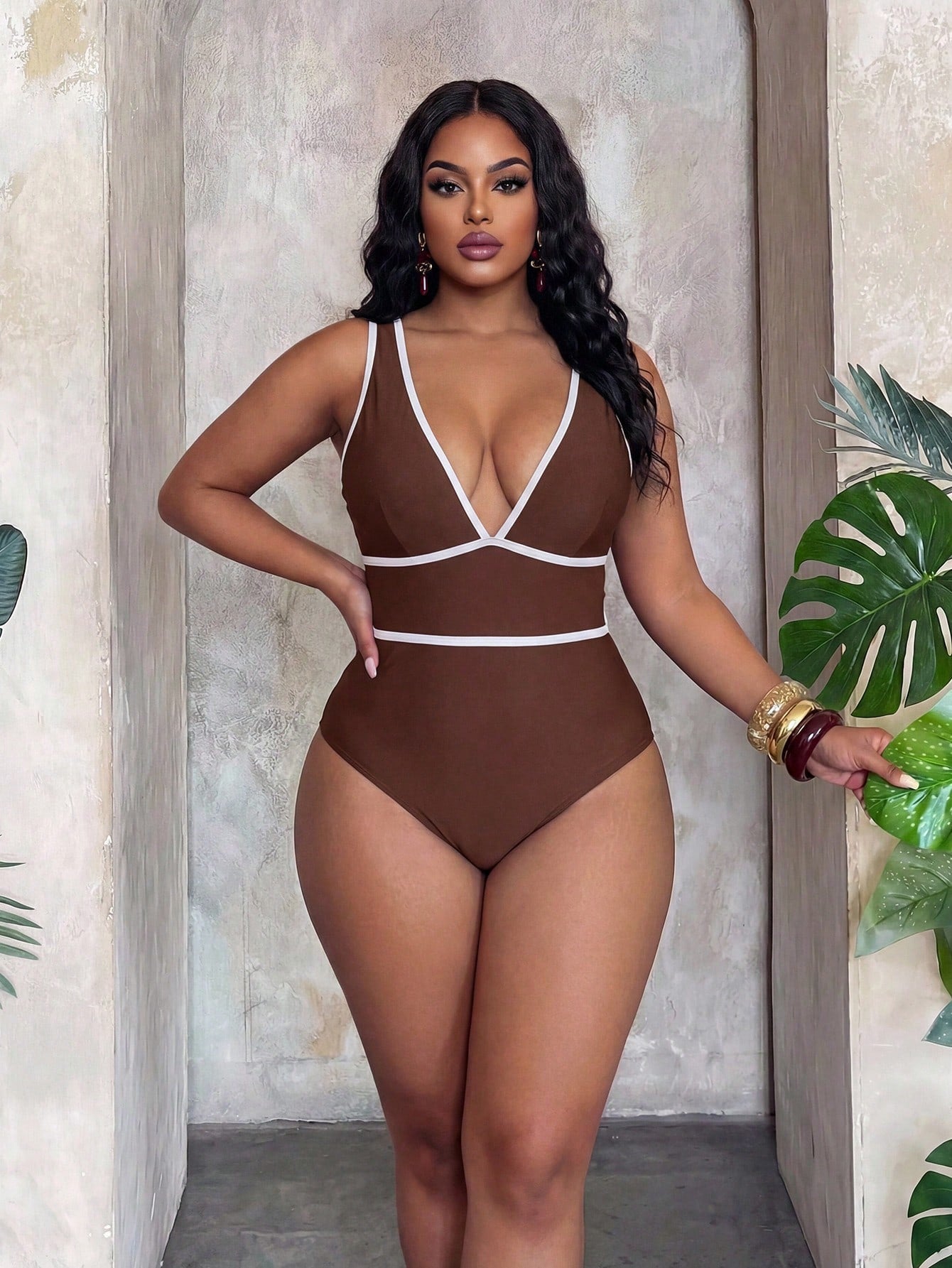 Swim Vcay 2026 Spring/Summer Plus Size One-Piece Swimsuit, Shiny Fabric, Deep V-Neck, Contrast Trim, Waist Contrast Stripe, Sexy Beach Vacation Swimwear
