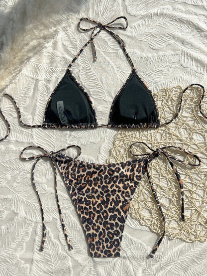 Swim Vcay 2026 Spring/Summer Women's Spaghetti Strap Halter Leopard Print Random Pattern Sexy Vacation Side Tie Thong Bikini 2-Piece Swimsuit