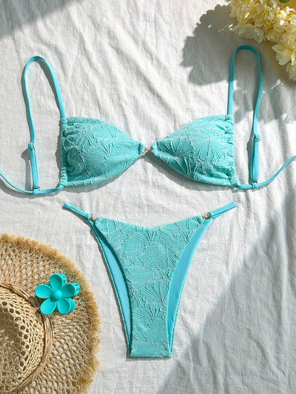 Swim Vcay 2pcs Set Summer Beach Vacation Textured Fabric Spaghetti Strap Gold Decor Strapless Bra Top And Bikini Swimwear Set For Women