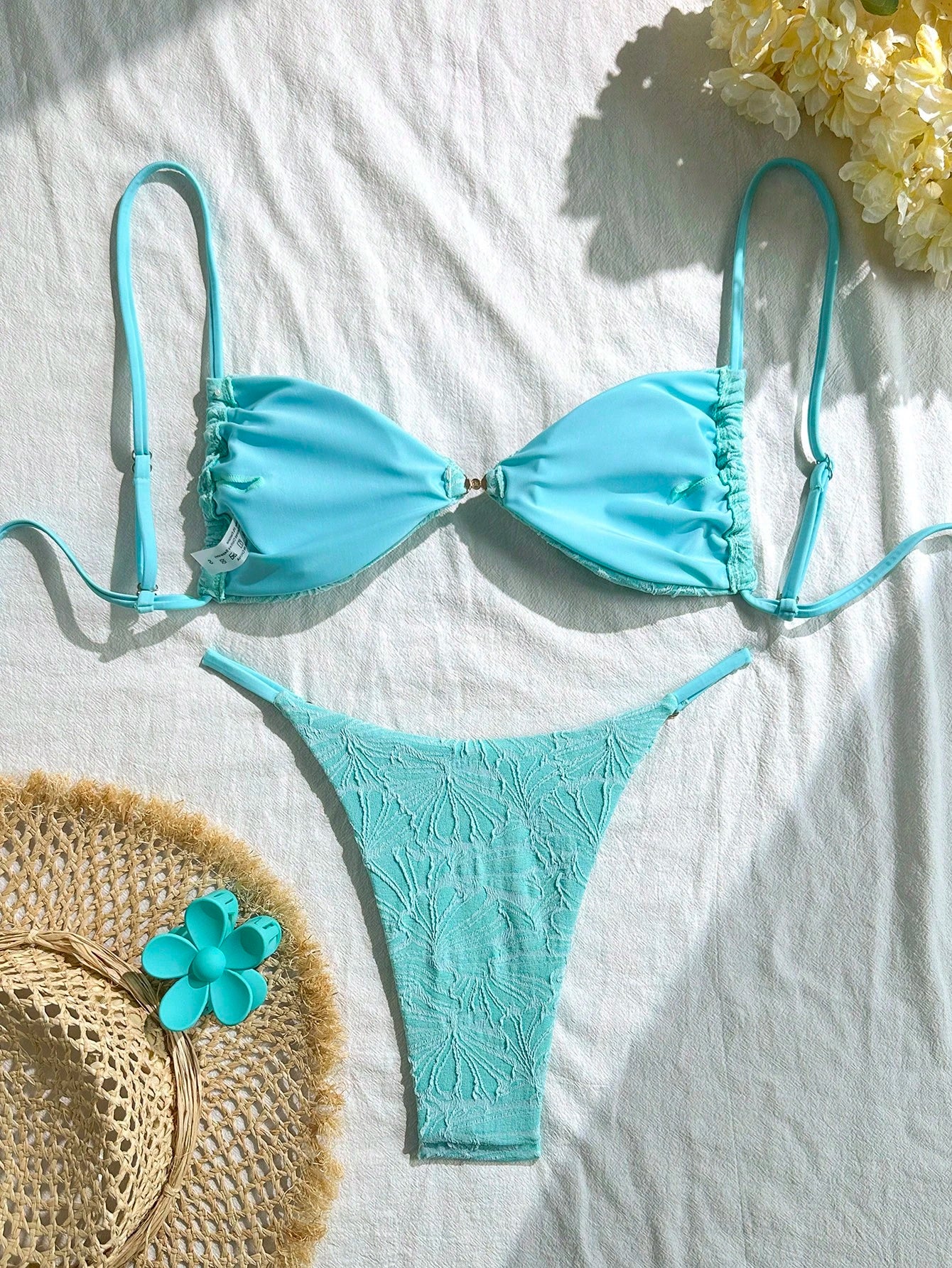 Swim Vcay 2pcs Set Summer Beach Vacation Textured Fabric Spaghetti Strap Gold Decor Strapless Bra Top And Bikini Swimwear Set For Women