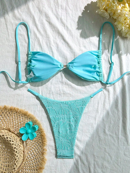 Swim Vcay 2pcs Set Summer Beach Vacation Textured Fabric Spaghetti Strap Gold Decor Strapless Bra Top And Bikini Swimwear Set For Women