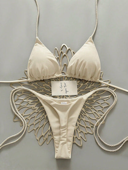Swim Vcay 2pcs Women Apricot Bikini Swimwear Set, Handmade Rope Decor Swimwear Bikini Sets For Women Rouche Bathing Suit Bikini Alt