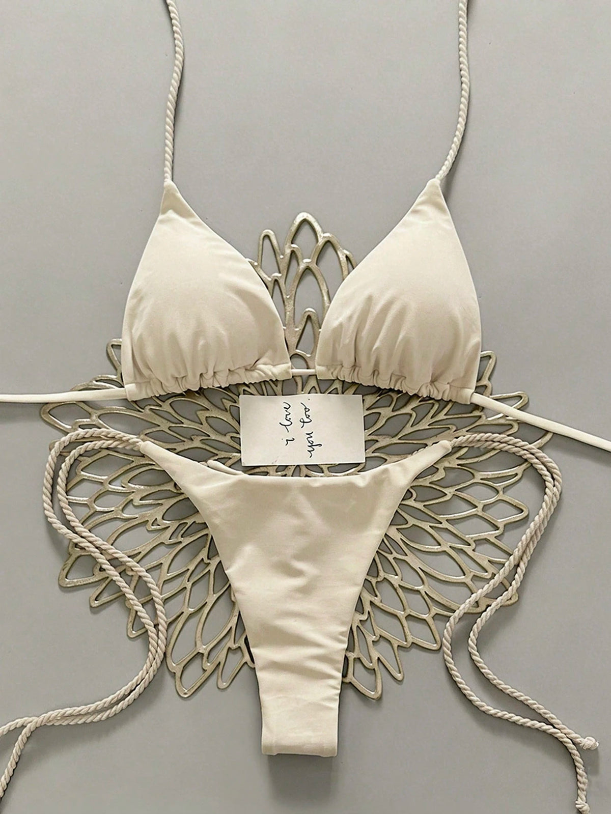 Swim Vcay 2pcs Women Apricot Bikini Swimwear Set, Handmade Rope Decor Swimwear Bikini Sets For Women Rouche Bathing Suit Bikini Alt