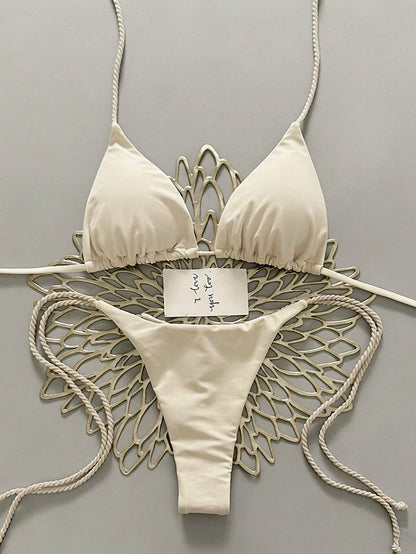 Swim Vcay 2pcs Women Apricot Bikini Swimwear Set, Handmade Rope Decor Swimwear Bikini Sets For Women Rouche Bathing Suit Bikini Alt