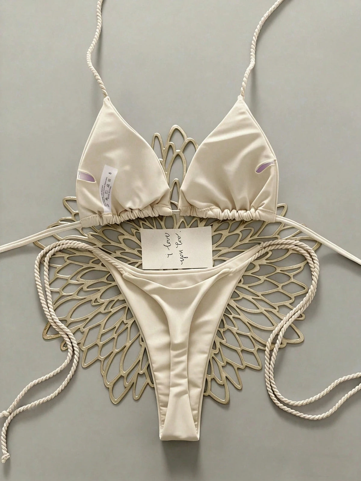 Swim Vcay 2pcs Women Apricot Bikini Swimwear Set, Handmade Rope Decor Swimwear Bikini Sets For Women Rouche Bathing Suit Bikini Alt