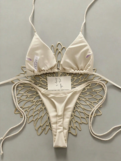 Swim Vcay 2pcs Women Apricot Bikini Swimwear Set, Handmade Rope Decor Swimwear Bikini Sets For Women Rouche Bathing Suit Bikini Alt