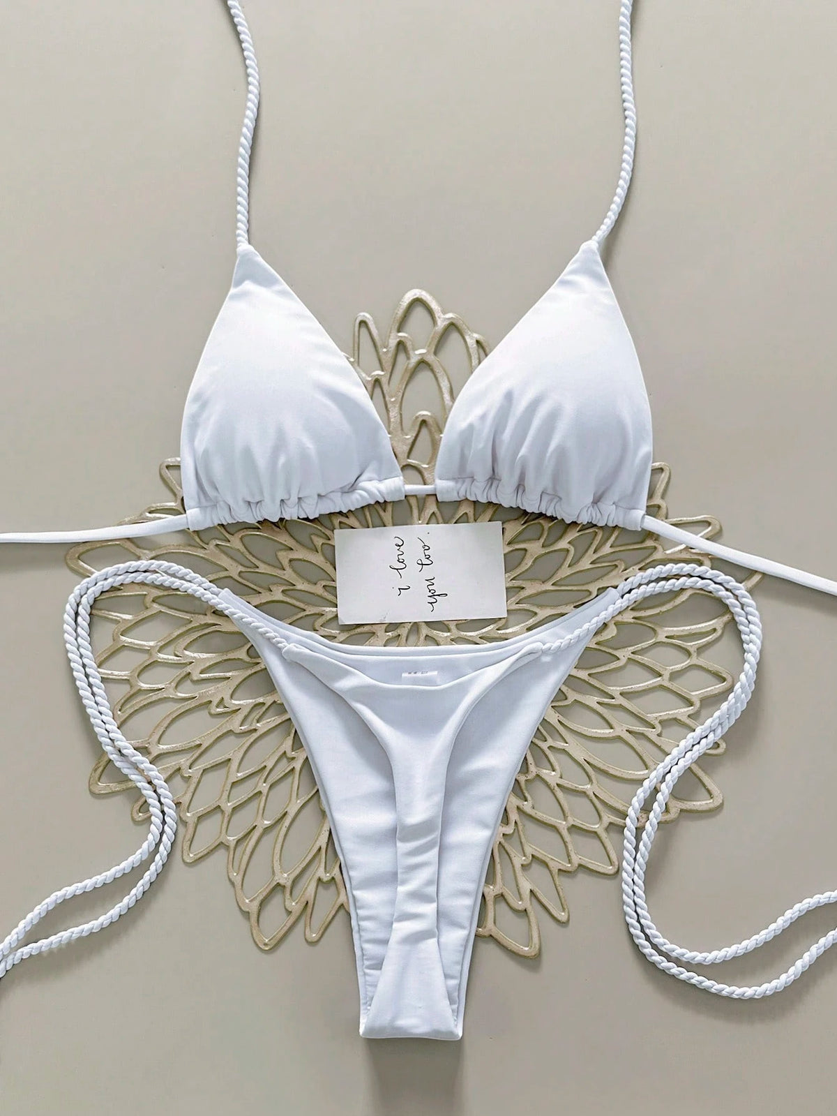 Swim Vcay 2pcs Women Apricot Bikini Swimwear Set, Handmade Rope Decor Swimwear Bikini Sets For Women Rouche Bathing Suit Bikini Alt