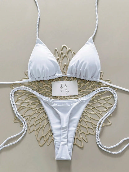 Swim Vcay 2pcs Women Apricot Bikini Swimwear Set, Handmade Rope Decor Swimwear Bikini Sets For Women Rouche Bathing Suit Bikini Alt
