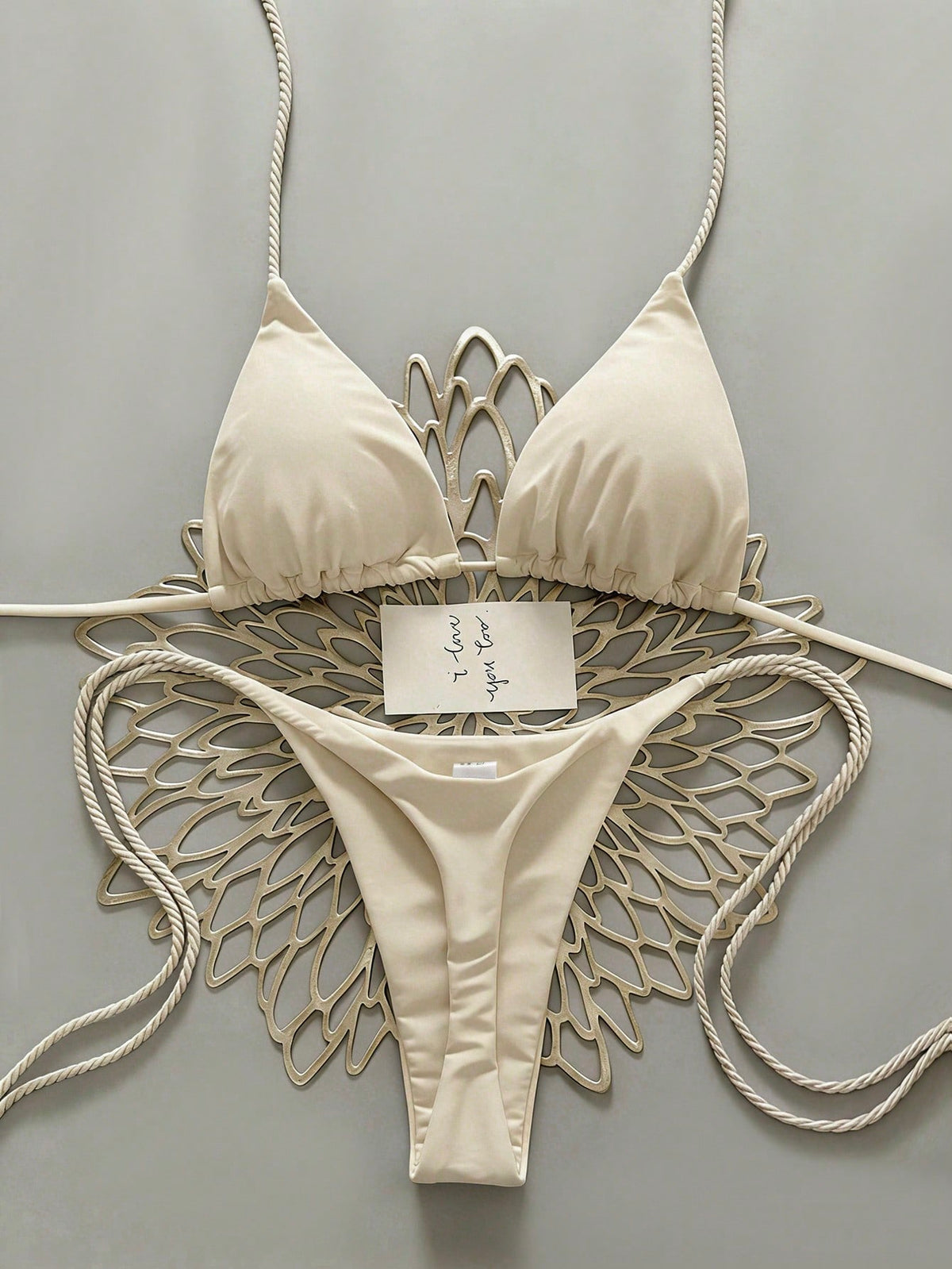 Swim Vcay 2pcs Women Apricot Bikini Swimwear Set, Handmade Rope Decor Swimwear Bikini Sets For Women Rouche Bathing Suit Bikini Alt