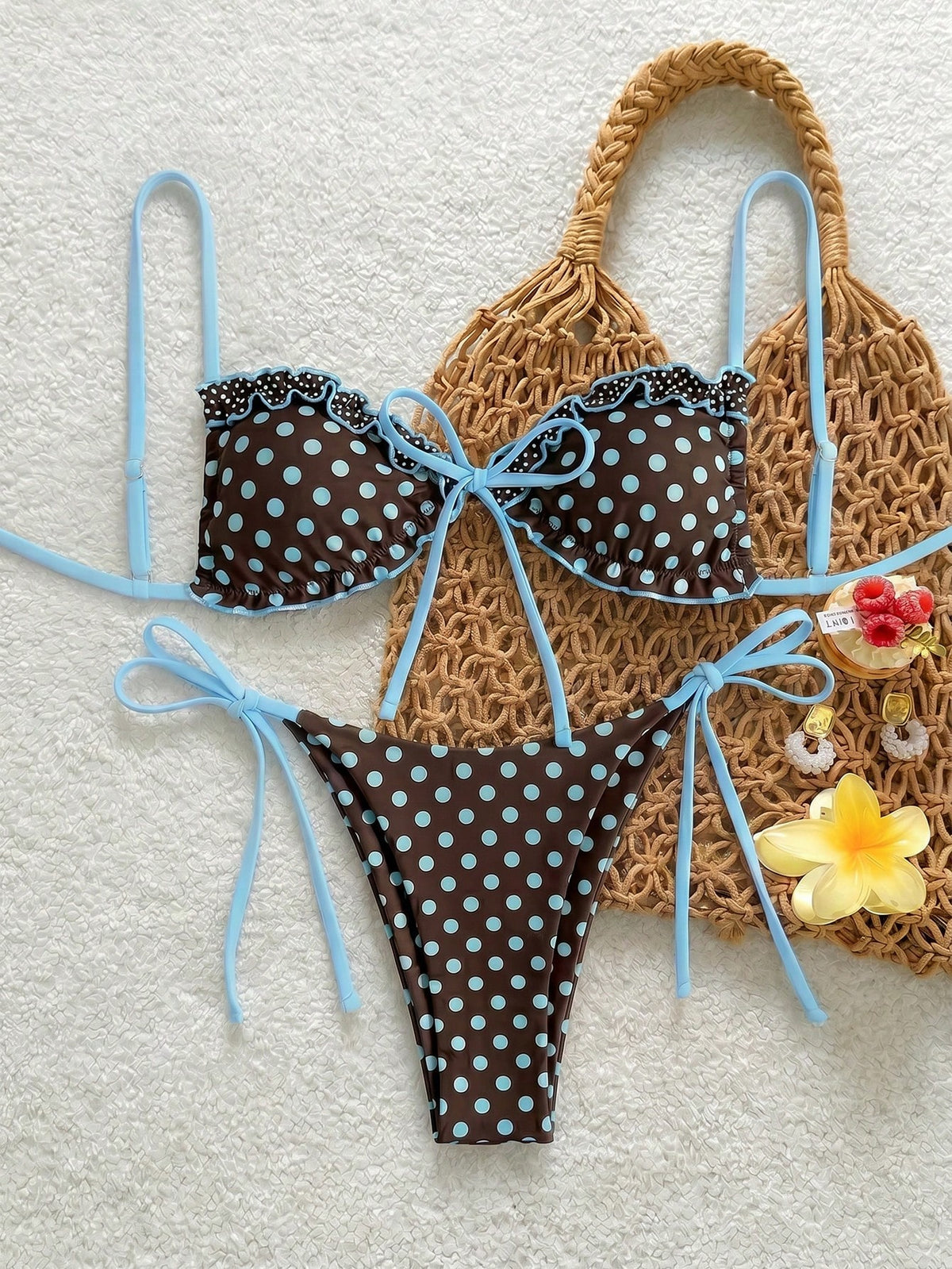 Swim Vcay New Spring/Summer Beach Pool Party Vacation Fashion Sexy Cute Polka Dot Print Ruffle Drawstring Thin Strap Bikini Two-Piece Swimsuit For Women