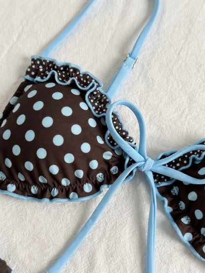 Swim Vcay New Spring/Summer Beach Pool Party Vacation Fashion Sexy Cute Polka Dot Print Ruffle Drawstring Thin Strap Bikini Two-Piece Swimsuit For Women