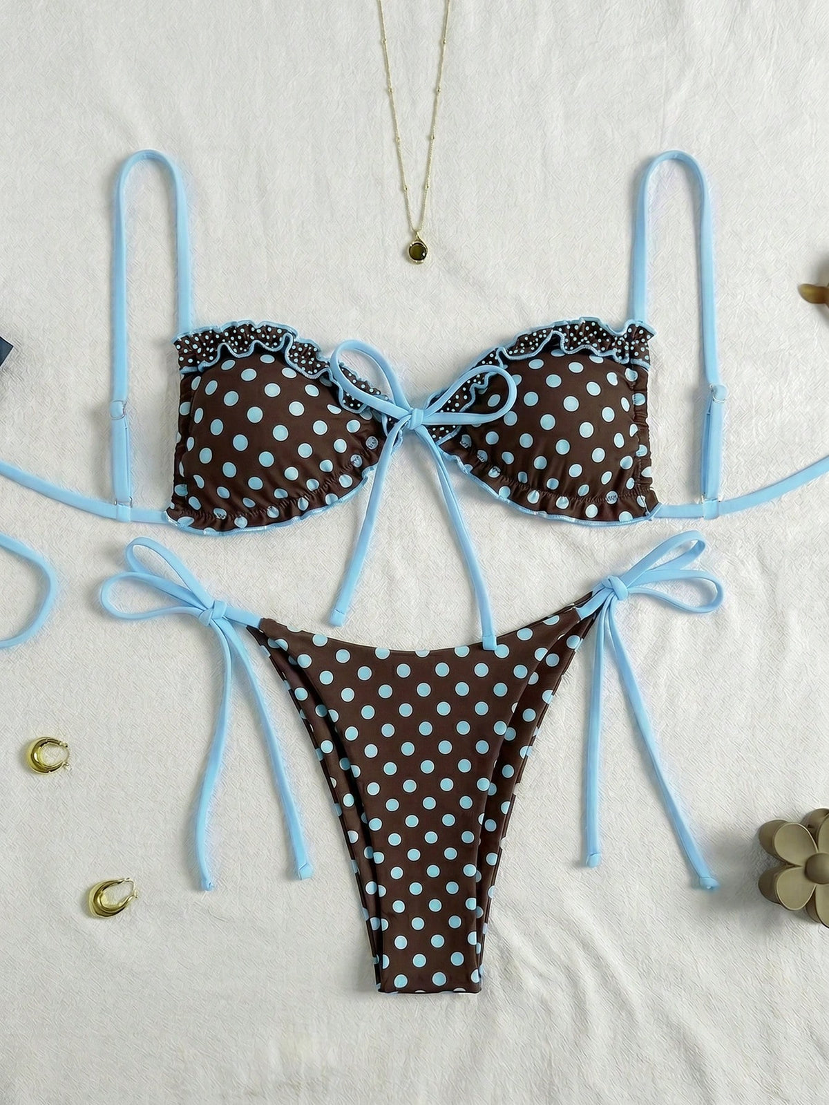 Swim Vcay New Spring/Summer Beach Pool Party Vacation Fashion Sexy Cute Polka Dot Print Ruffle Drawstring Thin Strap Bikini Two-Piece Swimsuit For Women