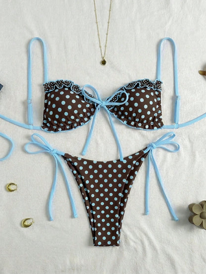 Swim Vcay New Spring/Summer Beach Pool Party Vacation Fashion Sexy Cute Polka Dot Print Ruffle Drawstring Thin Strap Bikini Two-Piece Swimsuit For Women