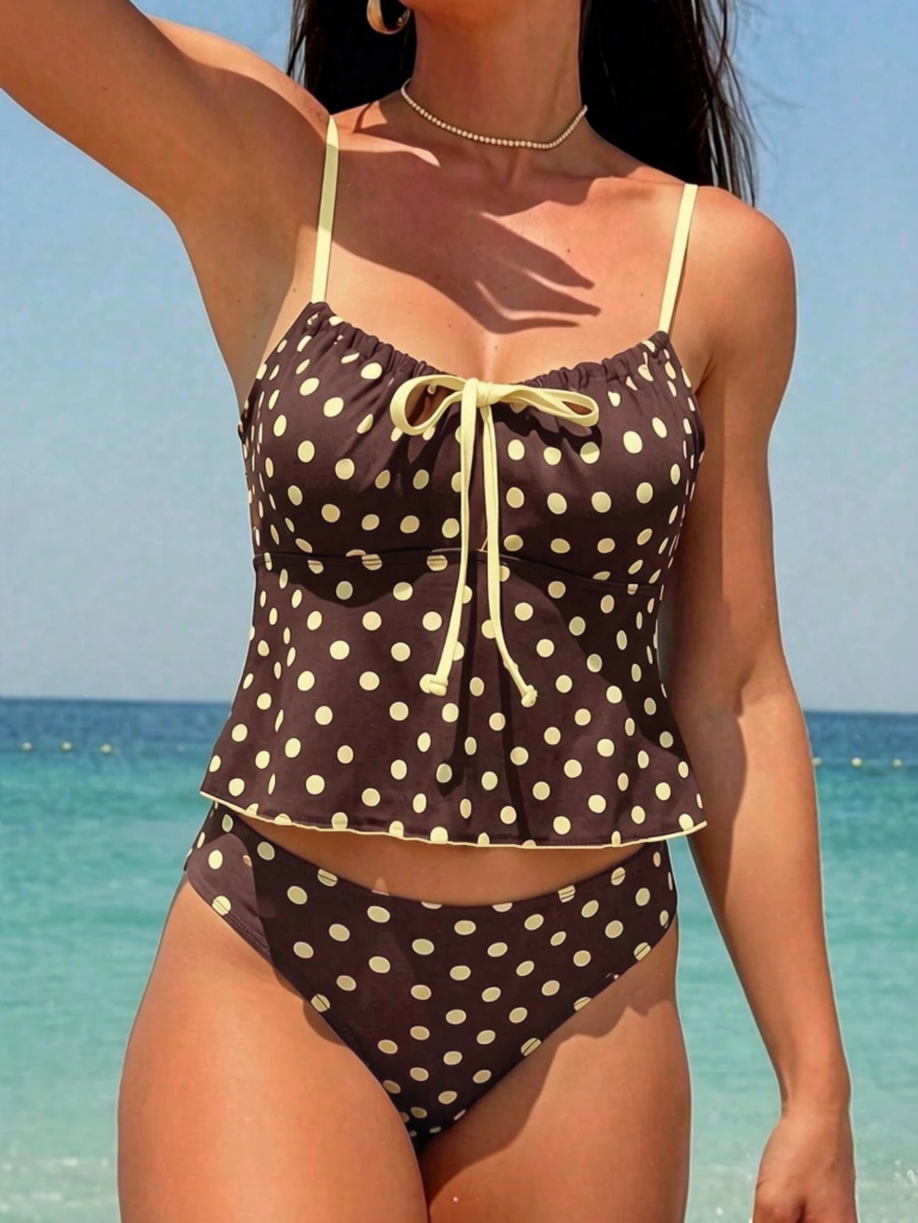 Swim Vcay New Sweet Style Women's Swimwear, Ruched Bust, Bow Accent, Adjustable Shoulder Straps, Suitable For Beach, Casual Vacation, Pool, Party