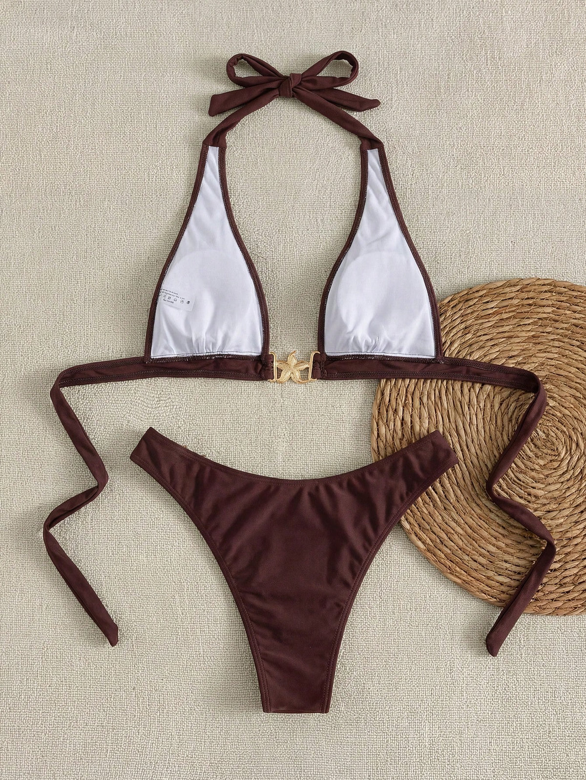 Swim Vcay New Women's Solid Color Bikini Set, Halter Tie Backless Starfish Decor High Waist Triangle Bottom Two-Piece Swimsuit For Beach Vacation