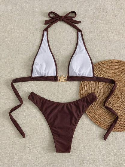Swim Vcay New Women's Solid Color Bikini Set, Halter Tie Backless Starfish Decor High Waist Triangle Bottom Two-Piece Swimsuit For Beach Vacation