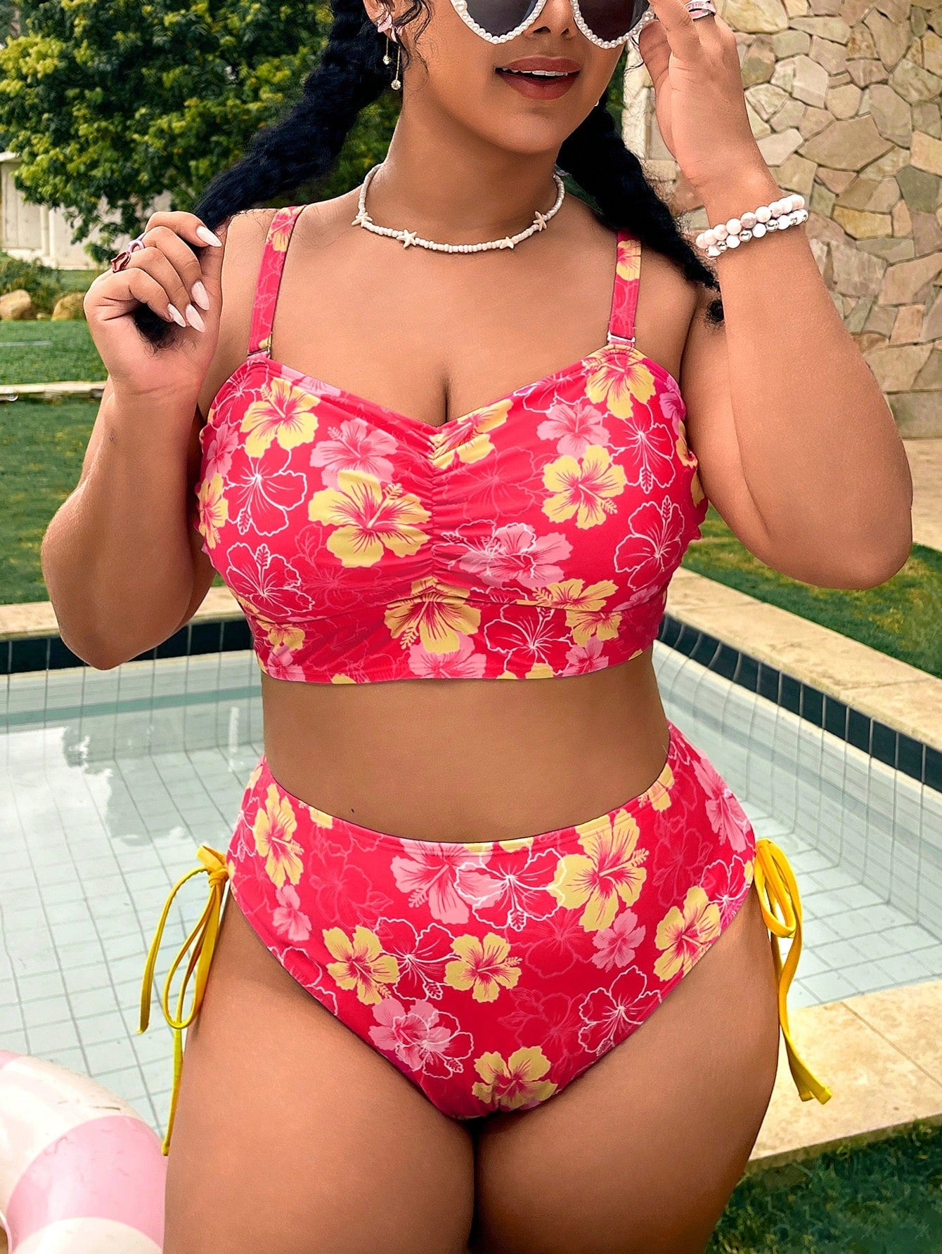 Swim Vcay Pink Summer Boho Beach Holiday Holiday Plus Size 2-Piece Set,Ruched Colorblock Printed Top,High Waist Tie Front Bikini Bottom,Elegant Ladies Swimwear