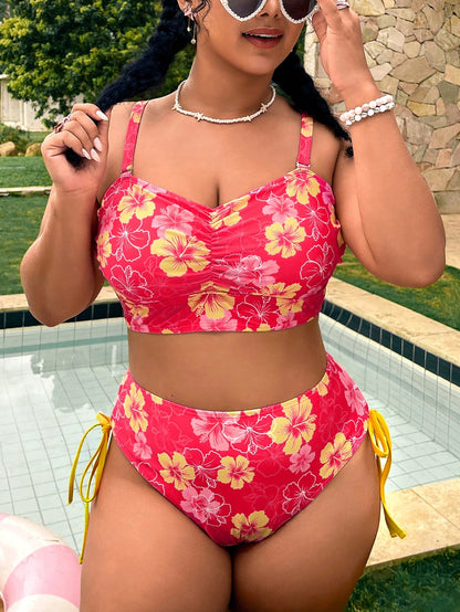 Swim Vcay Pink Summer Boho Beach Holiday Holiday Plus Size 2-Piece Set,Ruched Colorblock Printed Top,High Waist Tie Front Bikini Bottom,Elegant Ladies Swimwear