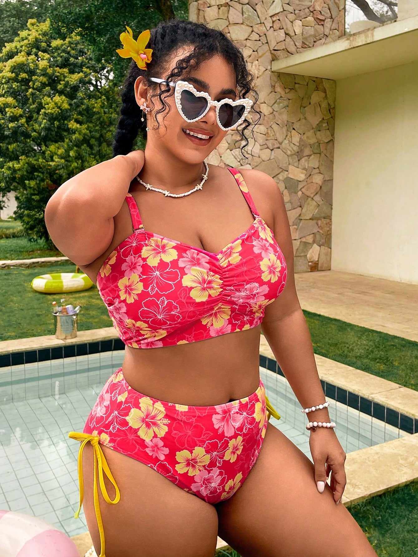 Swim Vcay Pink Summer Boho Beach Holiday Holiday Plus Size 2-Piece Set,Ruched Colorblock Printed Top,High Waist Tie Front Bikini Bottom,Elegant Ladies Swimwear