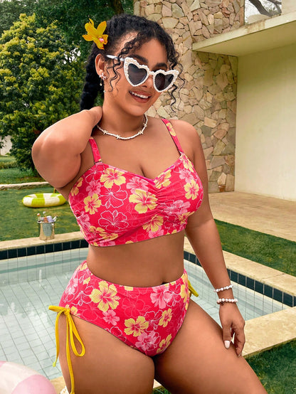 Swim Vcay Pink Summer Boho Beach Holiday Holiday Plus Size 2-Piece Set,Ruched Colorblock Printed Top,High Waist Tie Front Bikini Bottom,Elegant Ladies Swimwear