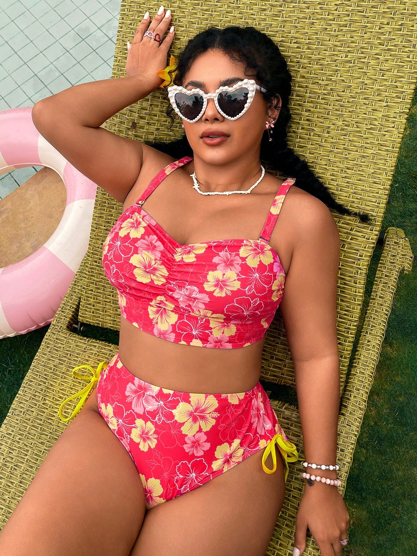 Swim Vcay Pink Summer Boho Beach Holiday Holiday Plus Size 2-Piece Set,Ruched Colorblock Printed Top,High Waist Tie Front Bikini Bottom,Elegant Ladies Swimwear