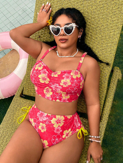 Swim Vcay Pink Summer Boho Beach Holiday Holiday Plus Size 2-Piece Set,Ruched Colorblock Printed Top,High Waist Tie Front Bikini Bottom,Elegant Ladies Swimwear