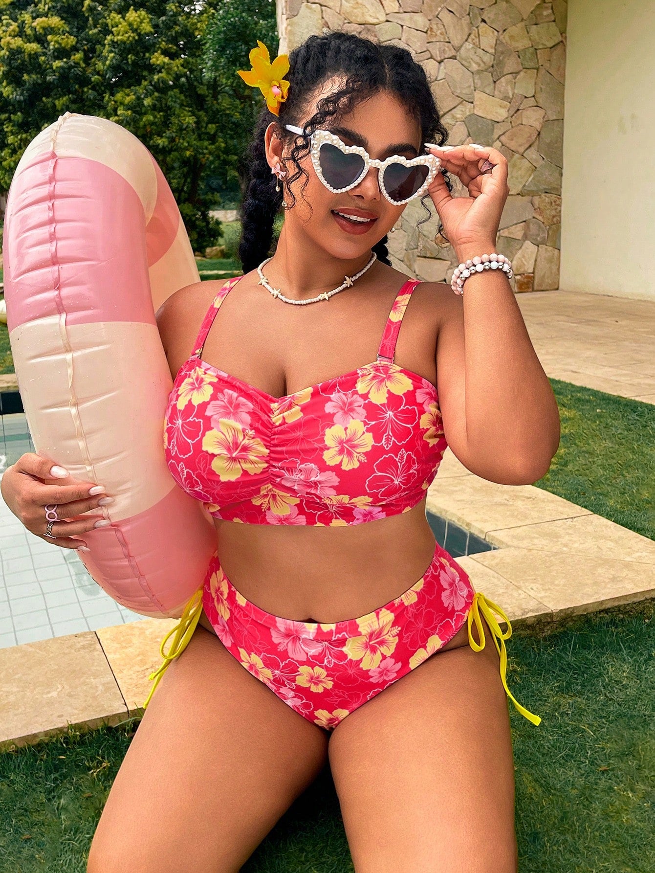 Swim Vcay Pink Summer Boho Beach Holiday Holiday Plus Size 2-Piece Set,Ruched Colorblock Printed Top,High Waist Tie Front Bikini Bottom,Elegant Ladies Swimwear