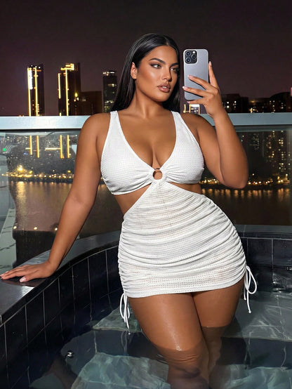 Swim Vcay Plus Size 2-Piece Women's Sexy Solid Color Textured Mesh Bikini Set, V-Neck Waist Cutout Top With Swim Bottoms, Ring Detail On Chest, Drawstring Sides On Skirt, Suitable For Beach Vacation