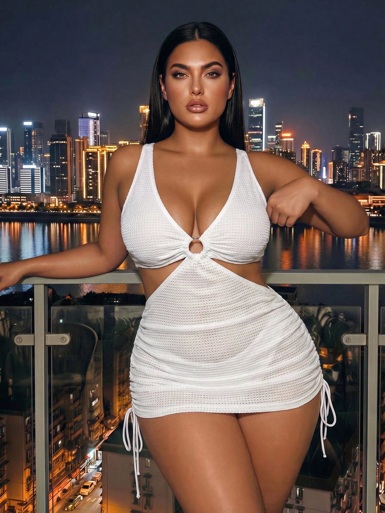Swim Vcay Plus Size 2-Piece Women's Sexy Solid Color Textured Mesh Bikini Set, V-Neck Waist Cutout Top With Swim Bottoms, Ring Detail On Chest, Drawstring Sides On Skirt, Suitable For Beach Vacation