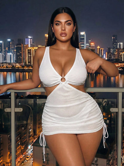 Swim Vcay Plus Size 2-Piece Women's Sexy Solid Color Textured Mesh Bikini Set, V-Neck Waist Cutout Top With Swim Bottoms, Ring Detail On Chest, Drawstring Sides On Skirt, Suitable For Beach Vacation