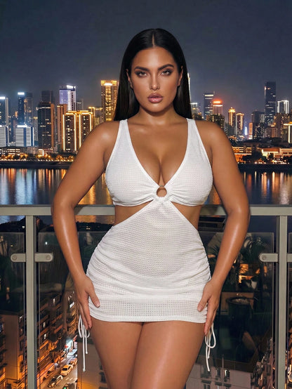 Swim Vcay Plus Size 2-Piece Women's Sexy Solid Color Textured Mesh Bikini Set, V-Neck Waist Cutout Top With Swim Bottoms, Ring Detail On Chest, Drawstring Sides On Skirt, Suitable For Beach Vacation