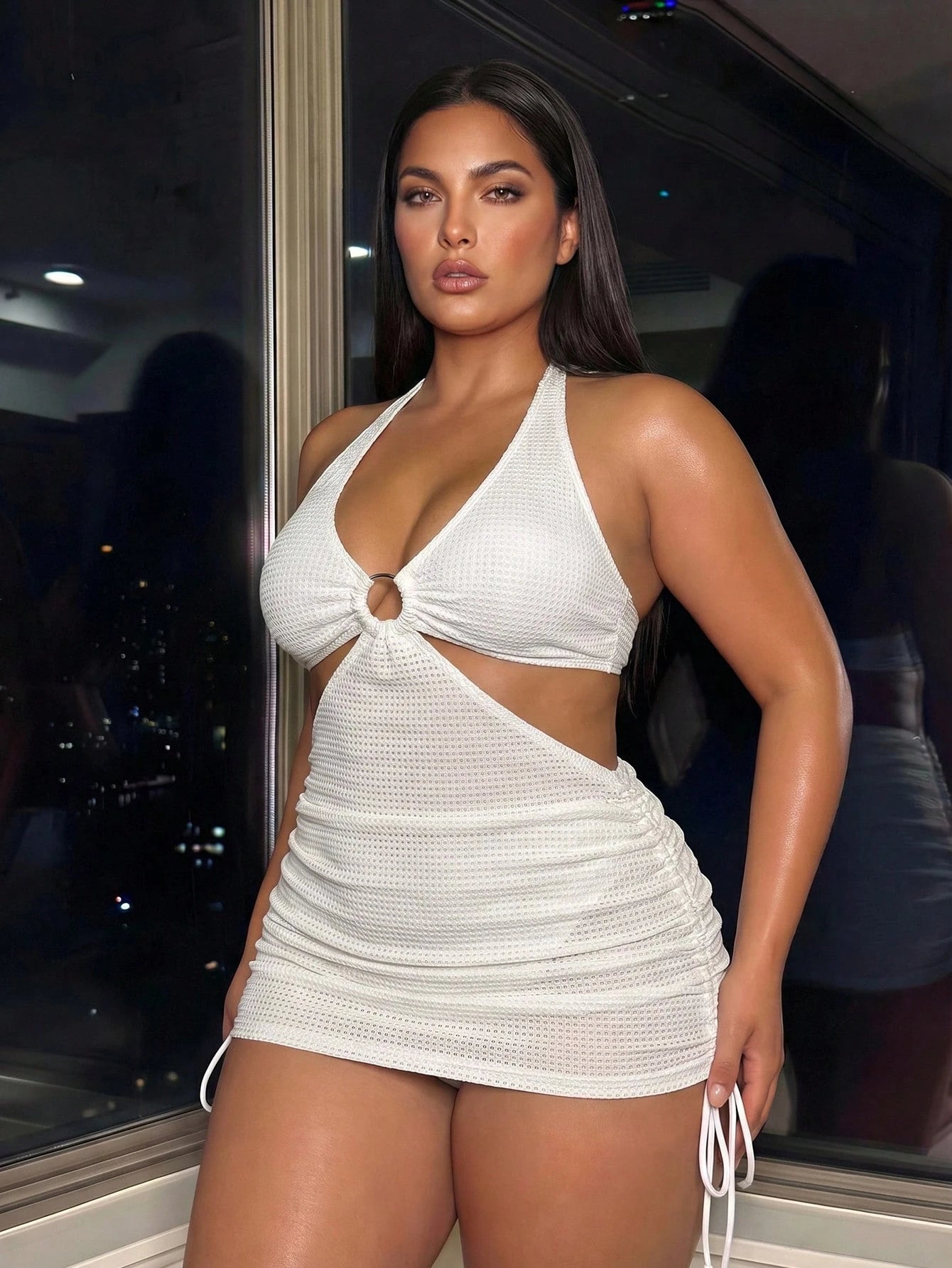 Swim Vcay Plus Size 2-Piece Women's Sexy Solid Color Textured Mesh Bikini Set, V-Neck Waist Cutout Top With Swim Bottoms, Ring Detail On Chest, Drawstring Sides On Skirt, Suitable For Beach Vacation