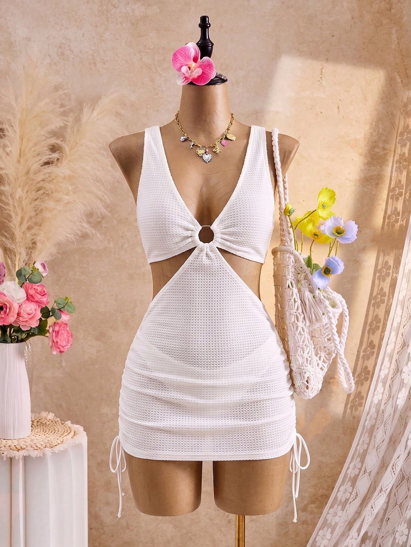 Swim Vcay Plus Size 2-Piece Women's Sexy Solid Color Textured Mesh Bikini Set, V-Neck Waist Cutout Top With Swim Bottoms, Ring Detail On Chest, Drawstring Sides On Skirt, Suitable For Beach Vacation
